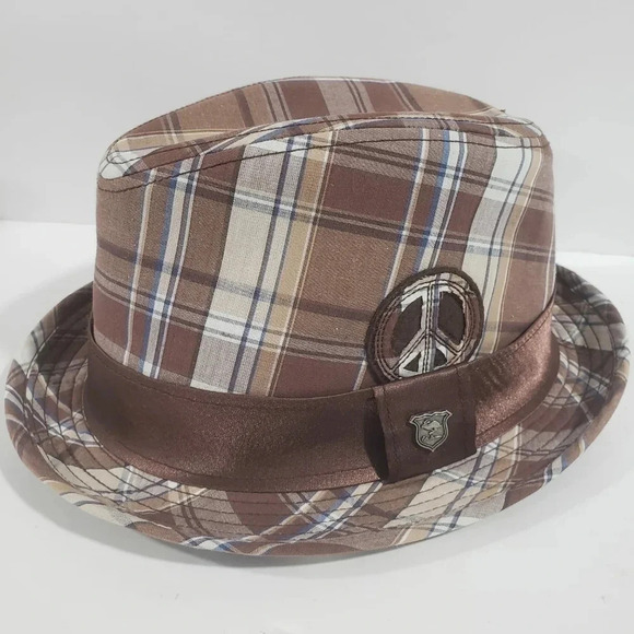 Peter  Grimm Mens Brown Plaid Fedora,Peace Sign,L/XL. - Picture 1 of 9